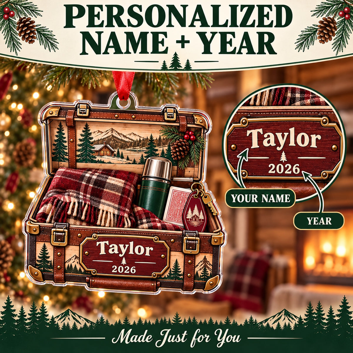 Personalized Cabin Weekend Trunk Acrylic Ornament — Personalization guide