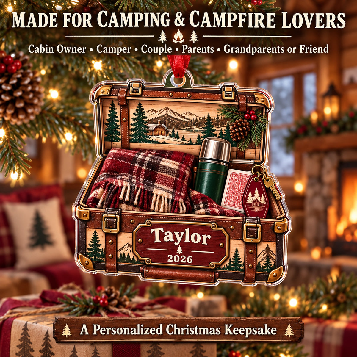 Personalized Cabin Weekend Trunk Acrylic Ornament — Size guide