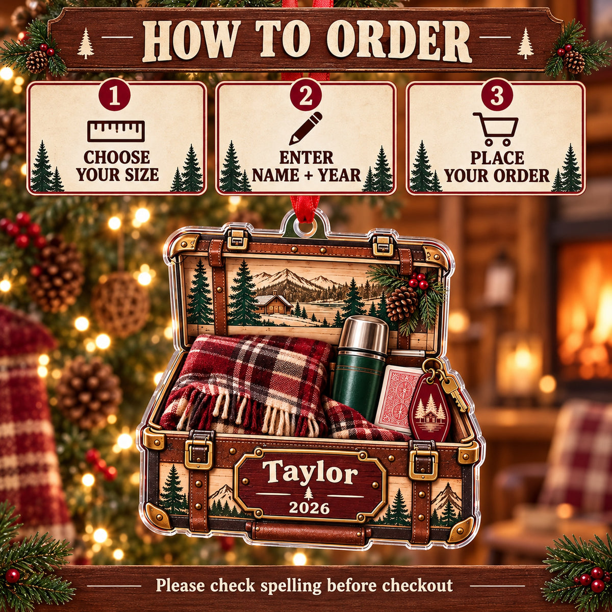 Personalized Cabin Weekend Trunk Acrylic Ornament — Product details