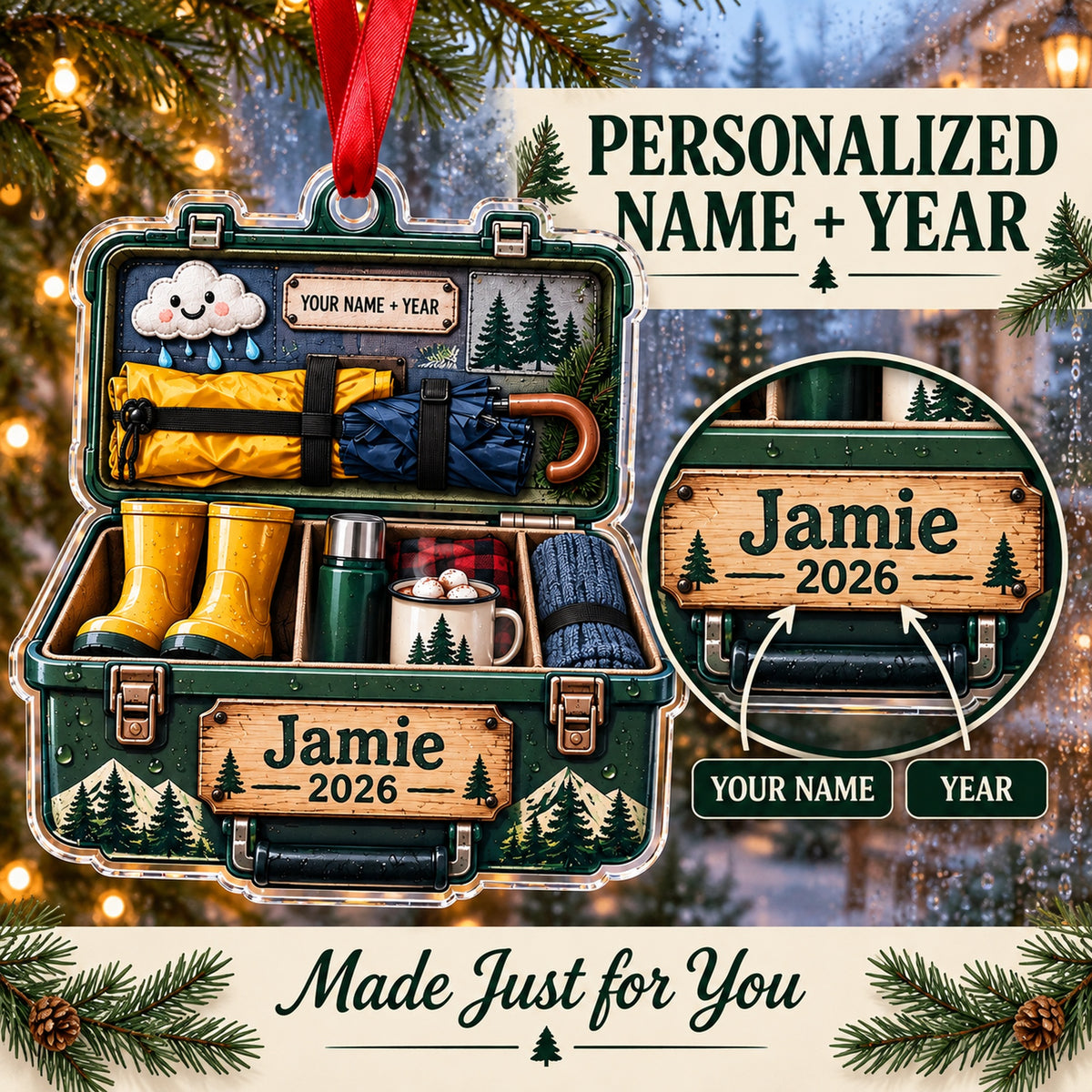 Personalized Rainy Camp Survival Kit Acrylic Ornament — Personalization guide