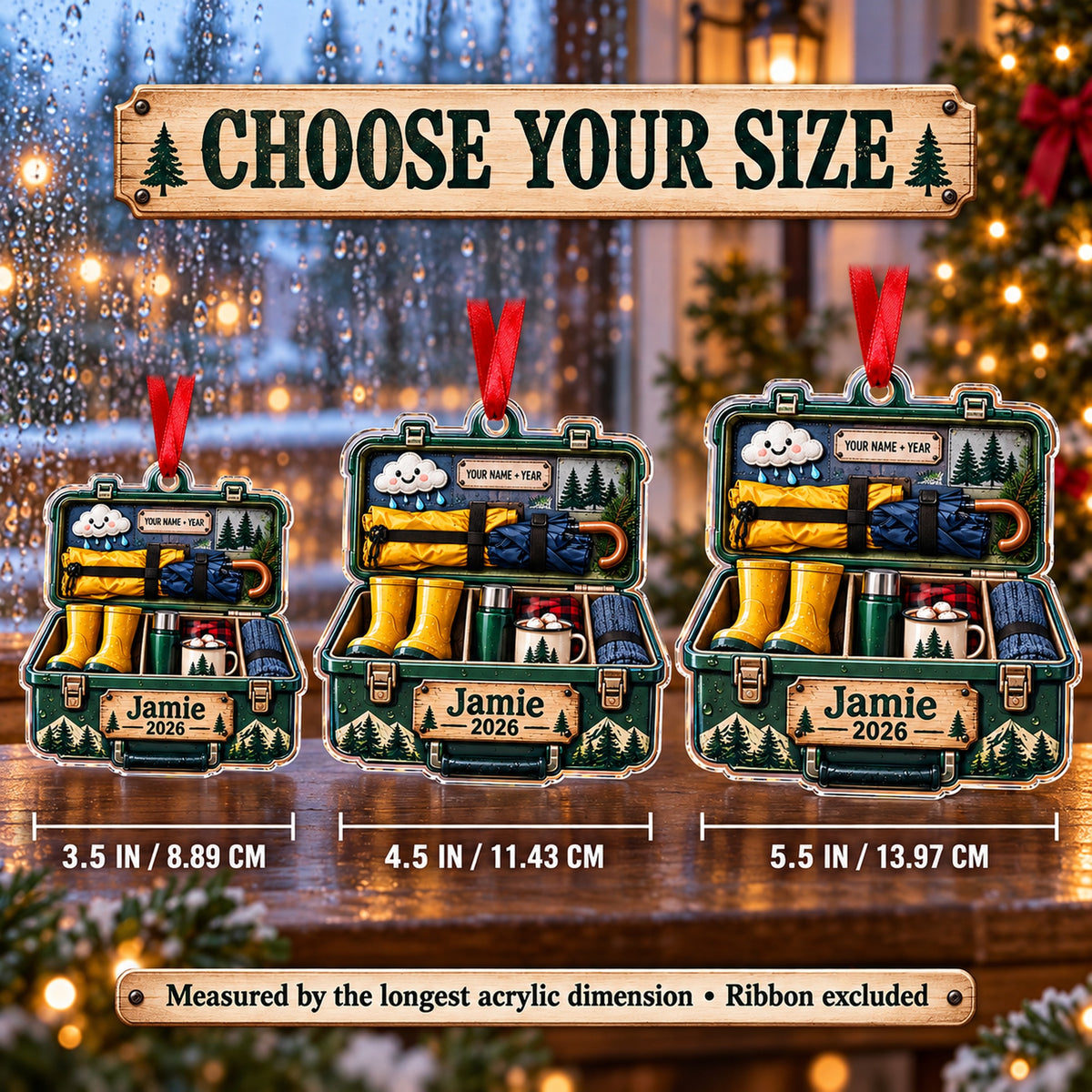 Personalized Rainy Camp Survival Kit Acrylic Ornament — Personalization example