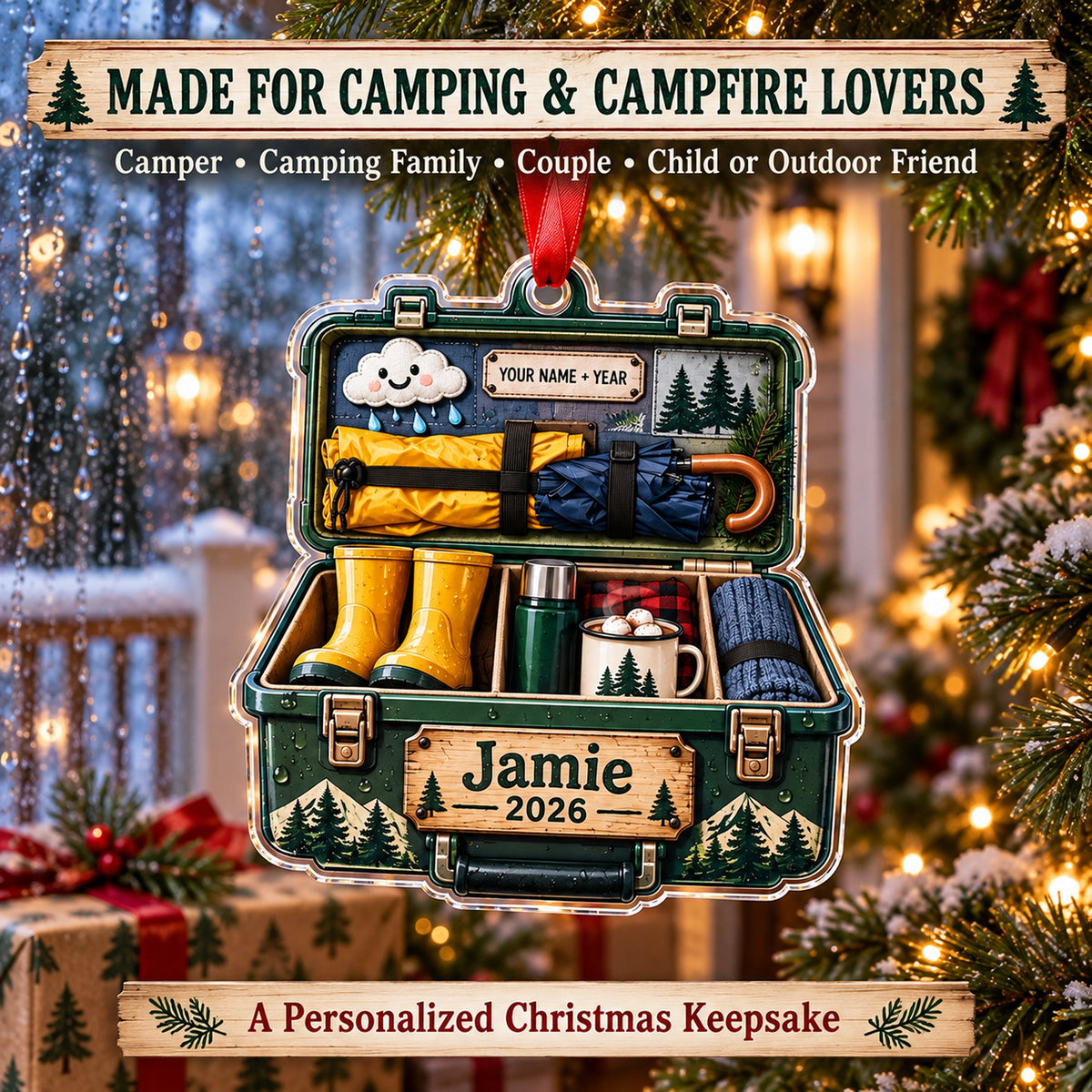 Personalized Rainy Camp Survival Kit Acrylic Ornament — Size guide