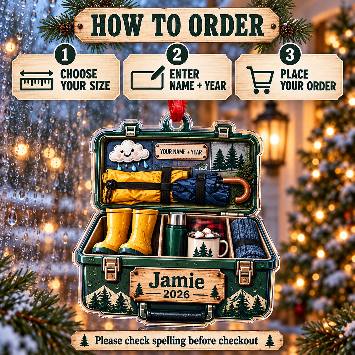 Personalized Rainy Camp Survival Kit Acrylic Ornament — Product details