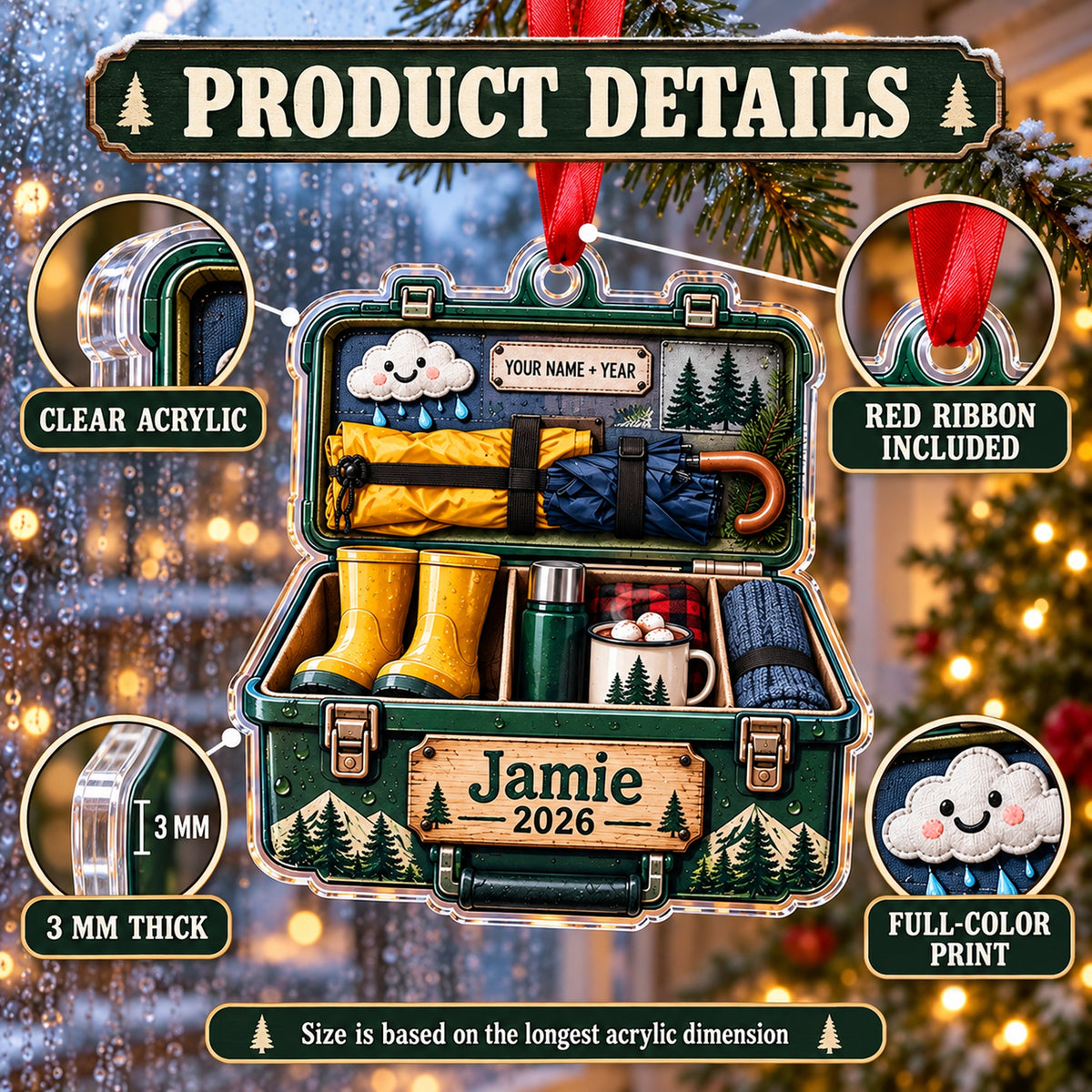 Personalized Rainy Camp Survival Kit Acrylic Ornament — How to order
