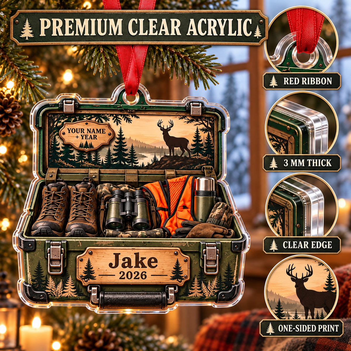 Personalized Deer Camp Gear Trunk Acrylic Ornament — Flat acrylic material