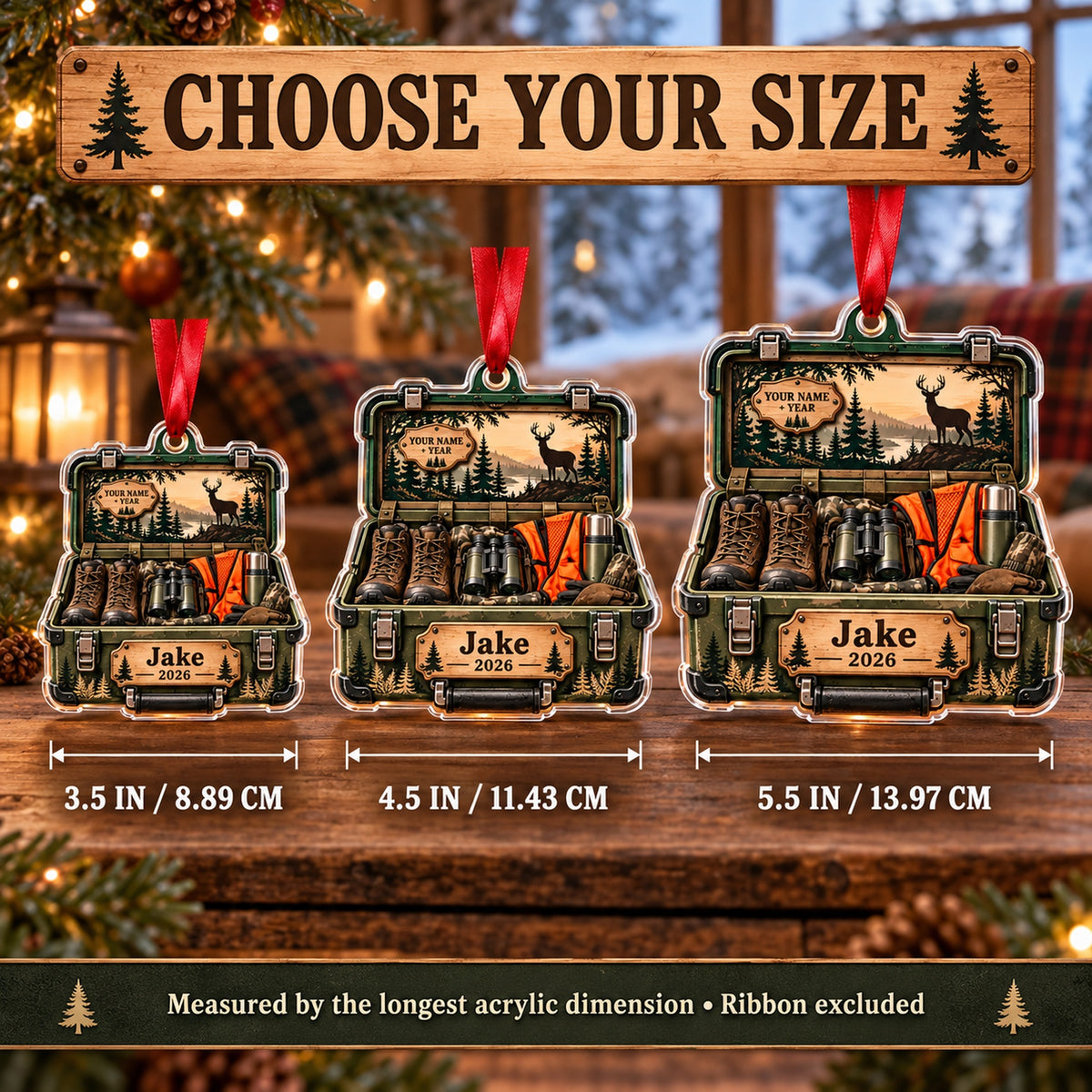 Personalized Deer Camp Gear Trunk Acrylic Ornament — Personalization example