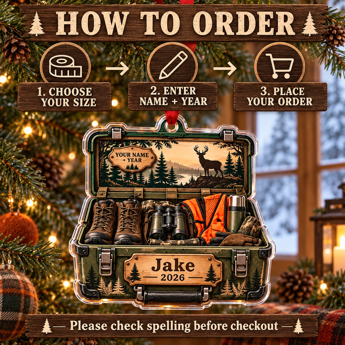 Personalized Deer Camp Gear Trunk Acrylic Ornament — Product details