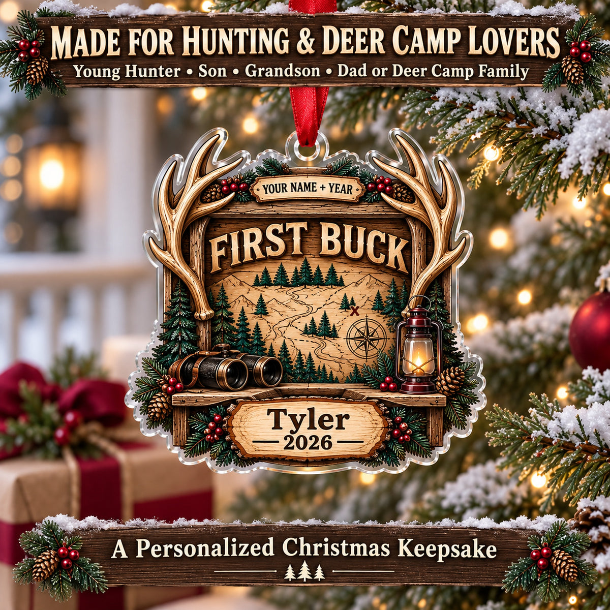 Personalized First Buck Milestone Plaque Acrylic Ornament — Size guide