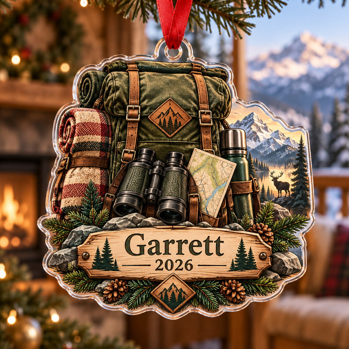 Personalized Elk Camp Expedition Pack Acrylic Ornament — Main design