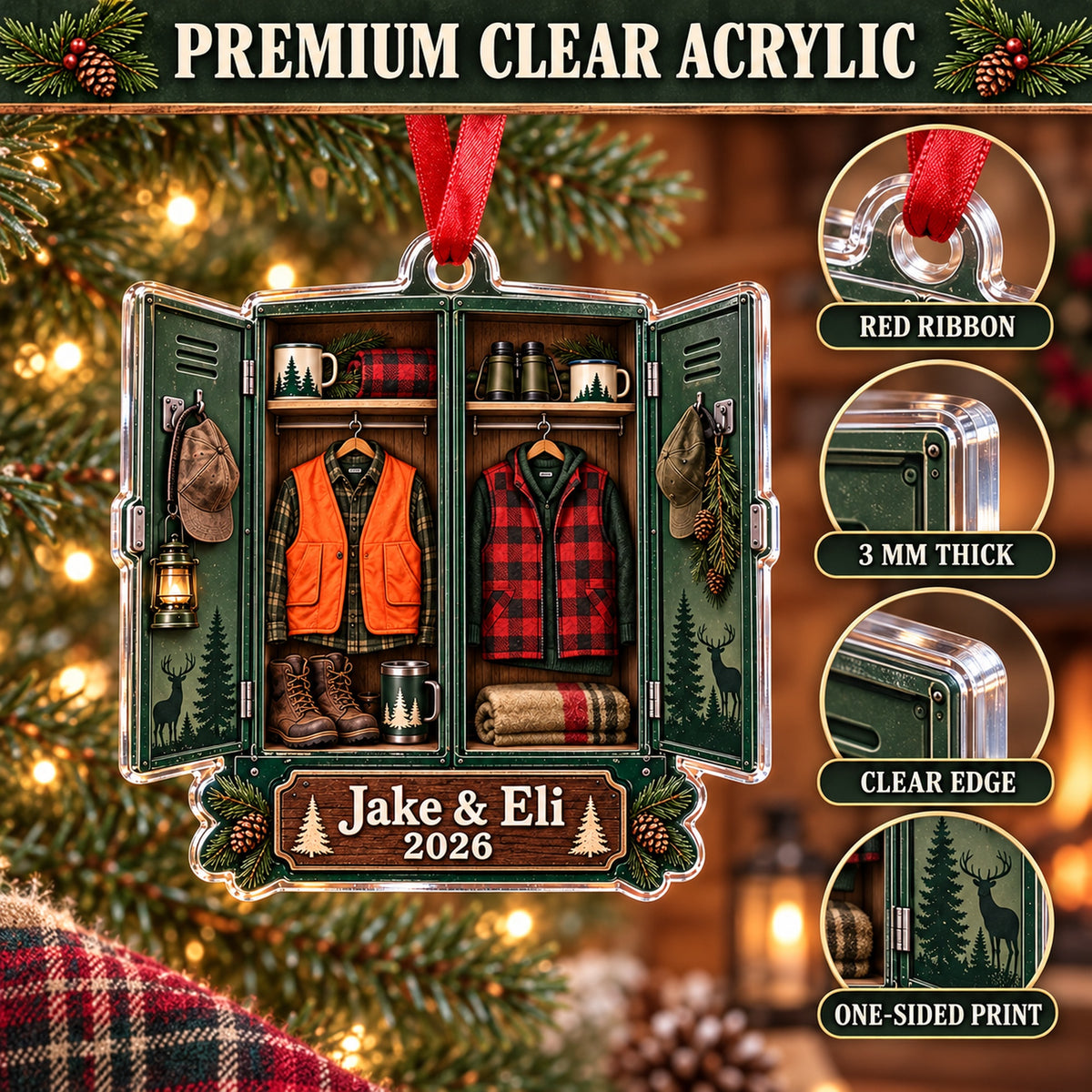 Personalized Father and Son Deer Camp Locker Acrylic Ornament — Flat acrylic material