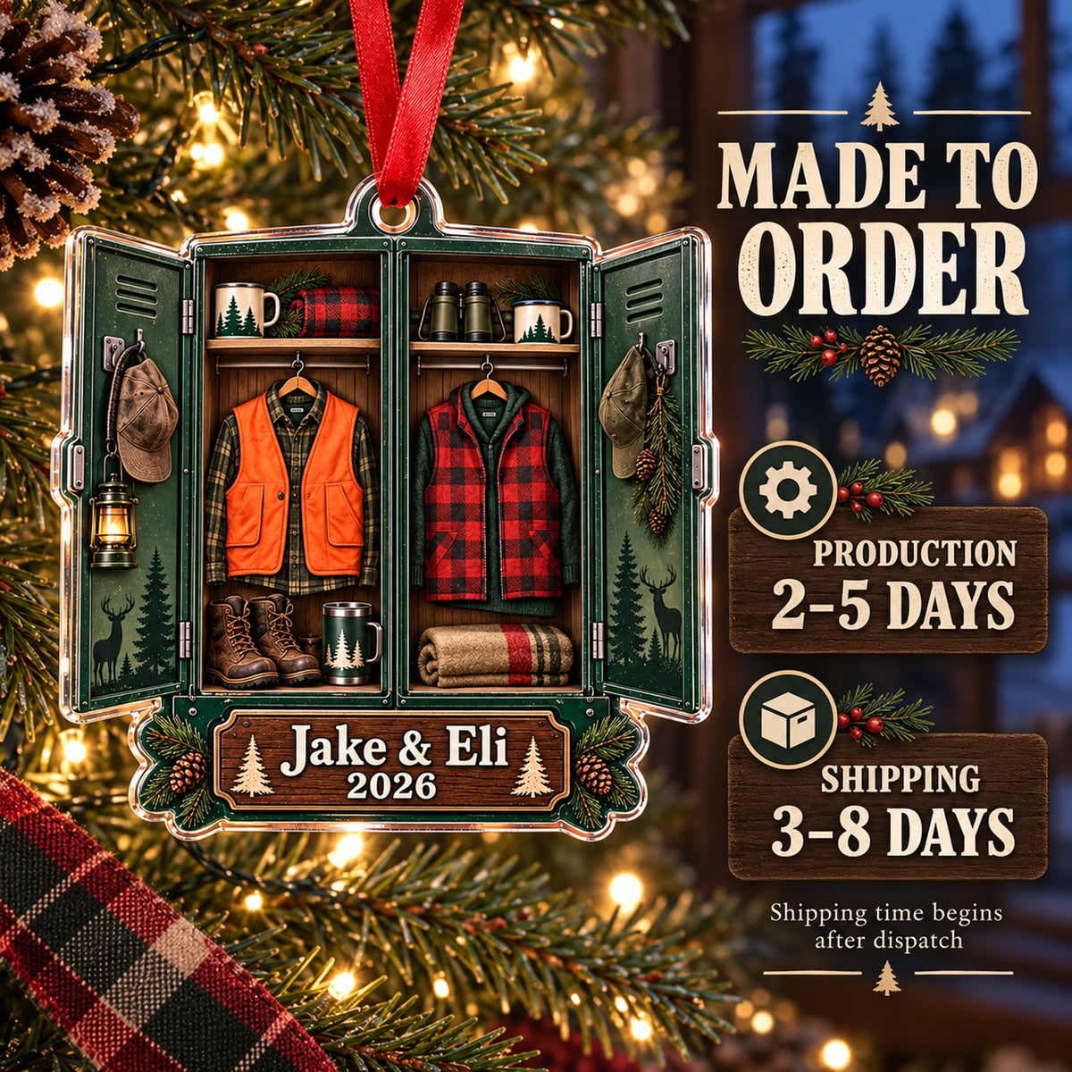 Personalized Father and Son Deer Camp Locker Acrylic Ornament — Production and delivery