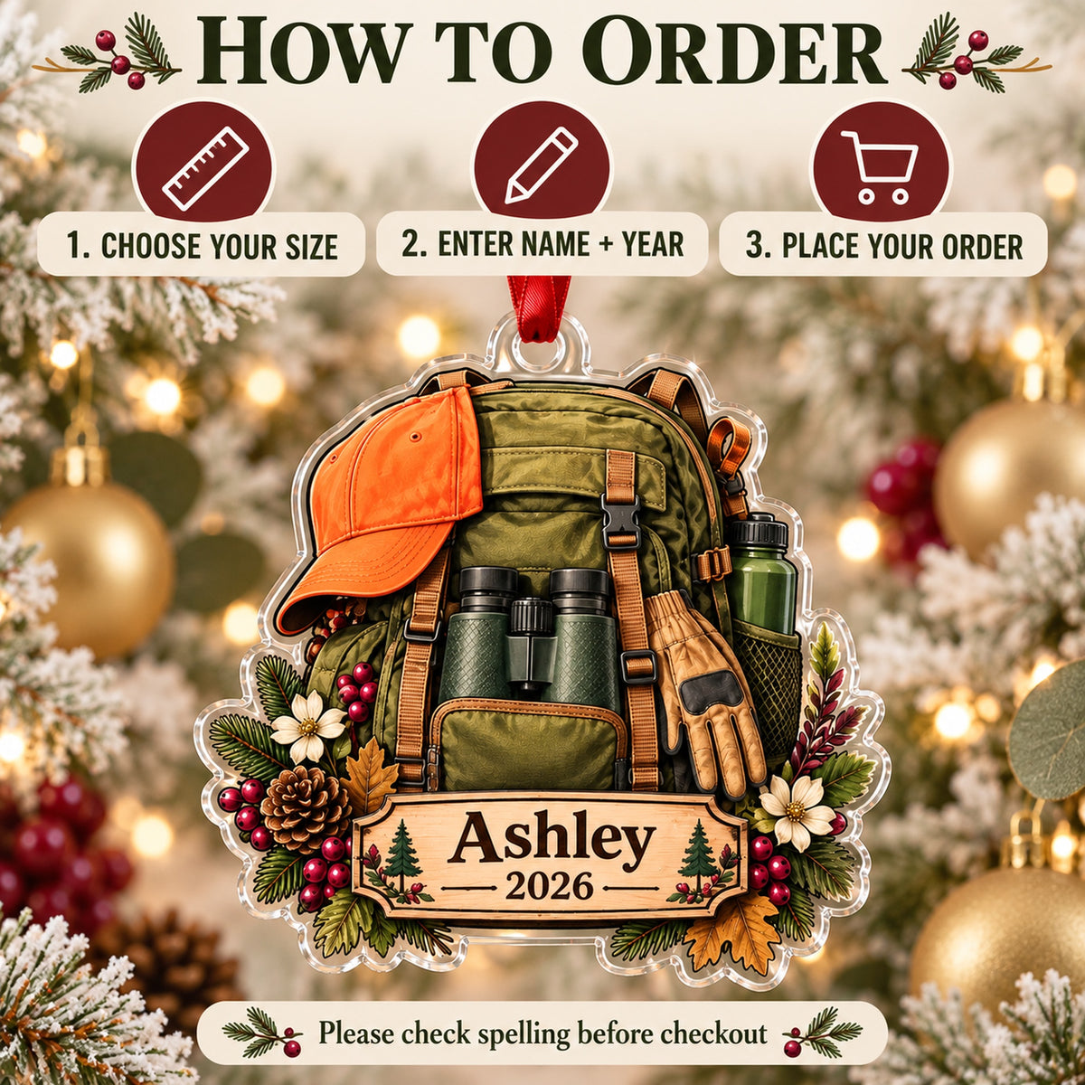 Personalized Woman Hunter Backpack Acrylic Ornament — Product details