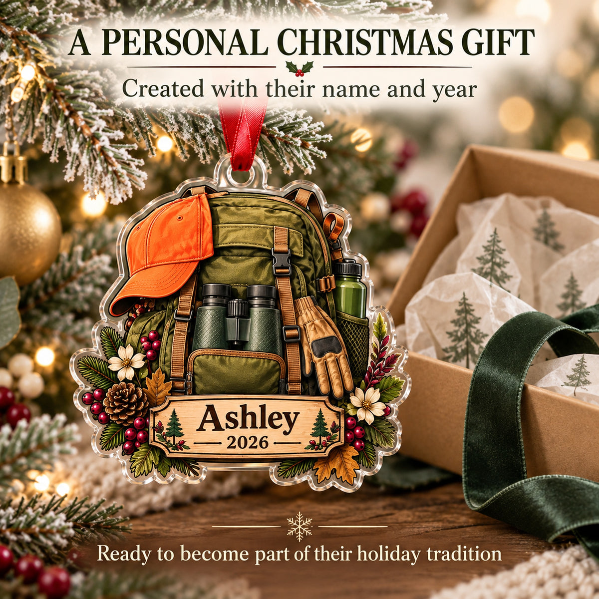 Personalized Woman Hunter Backpack Acrylic Ornament — Gift inspiration