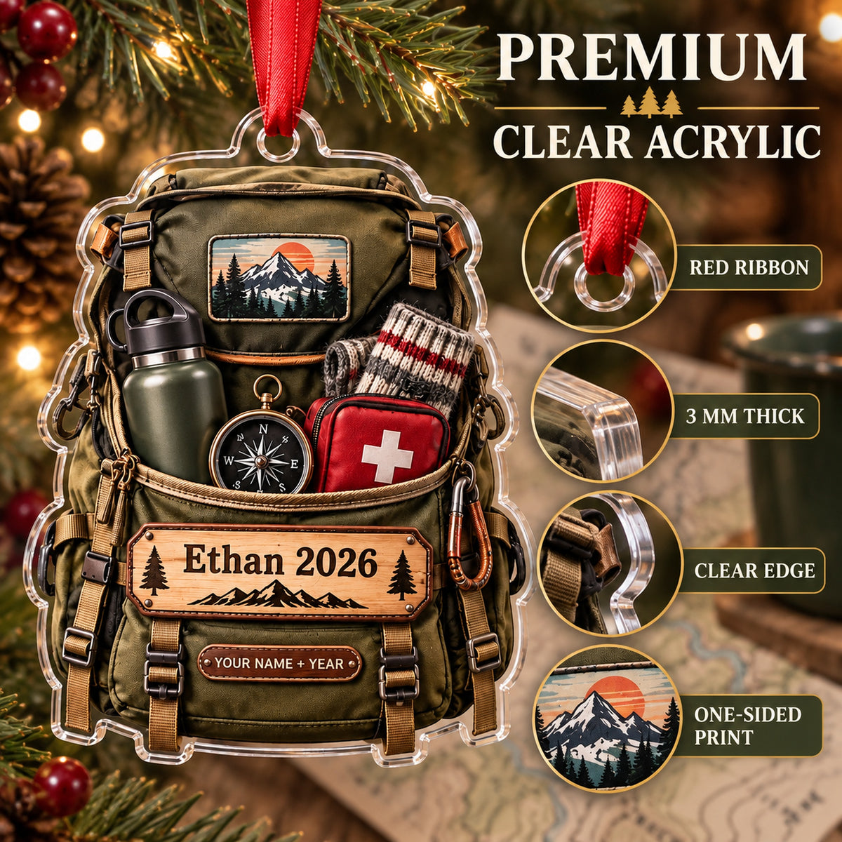 Personalized Hiking Backpack Gear Burst Acrylic Ornament — Flat acrylic material