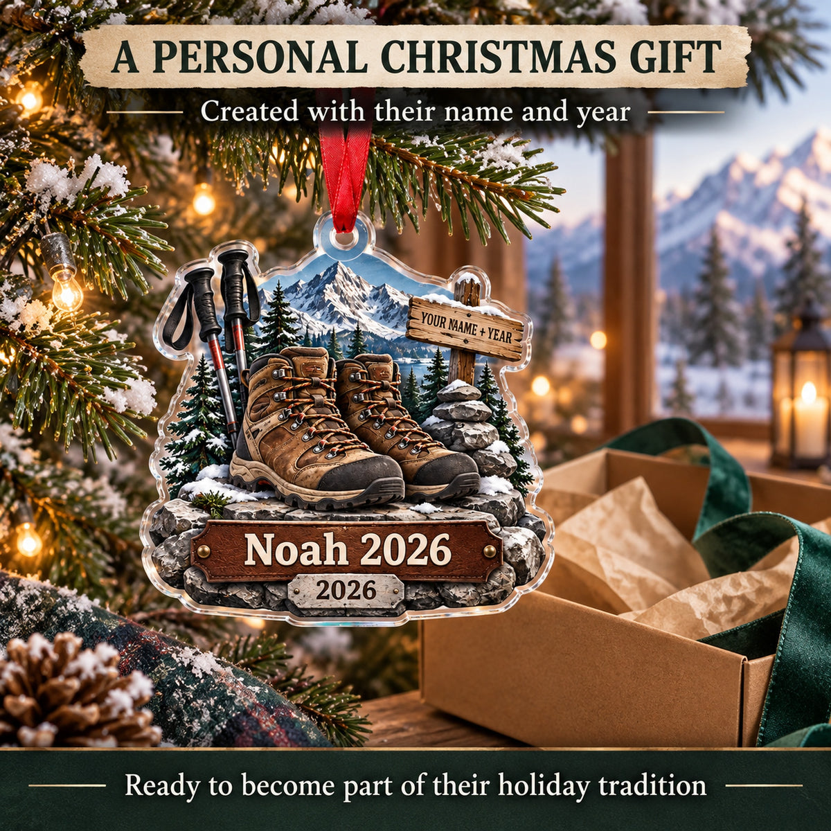 Personalized Summit Boots and Poles Acrylic Ornament — Gift inspiration