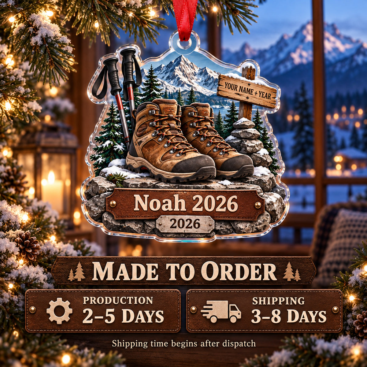 Personalized Summit Boots and Poles Acrylic Ornament — Production and delivery
