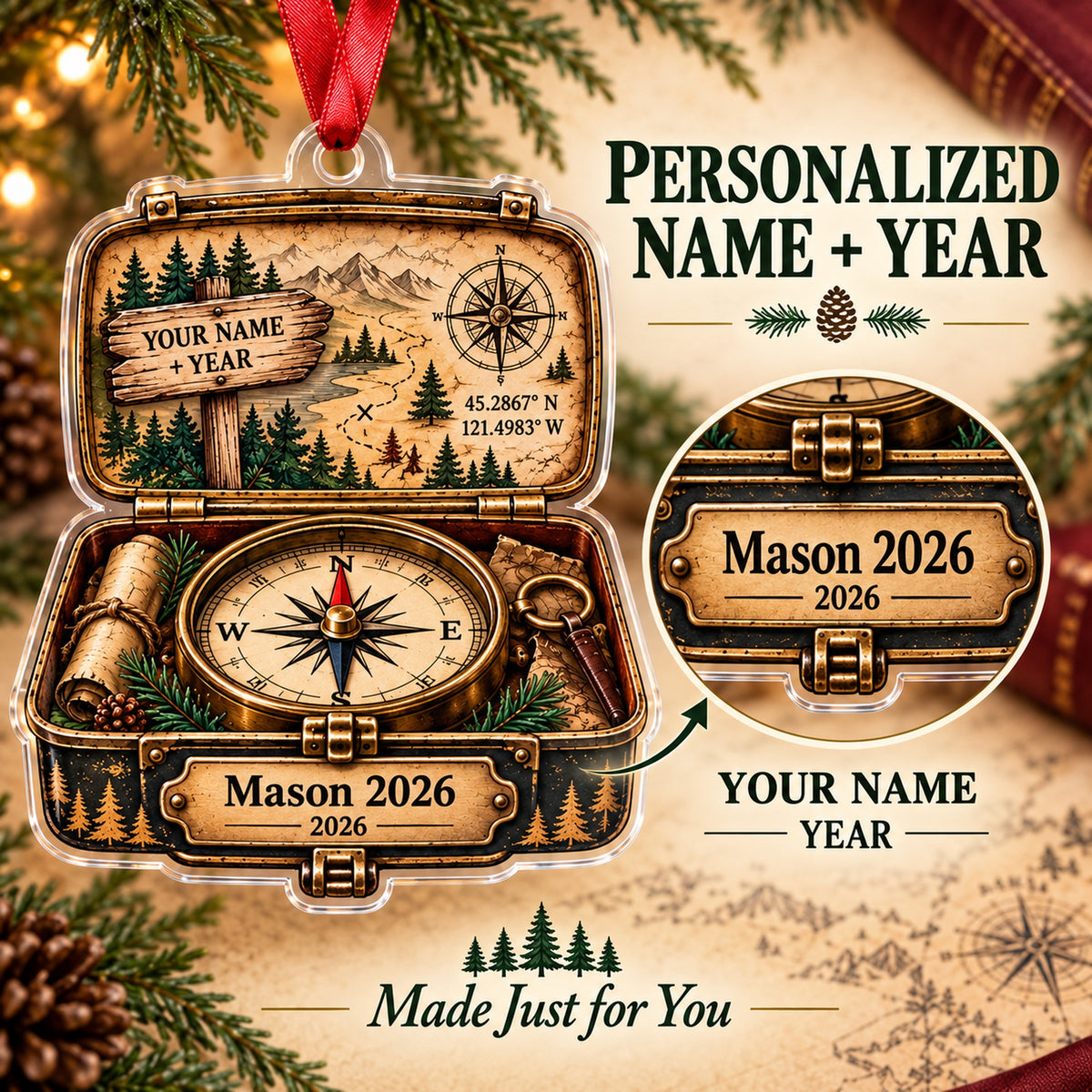 Personalized Trail Sign Compass Box Acrylic Ornament — Personalization guide