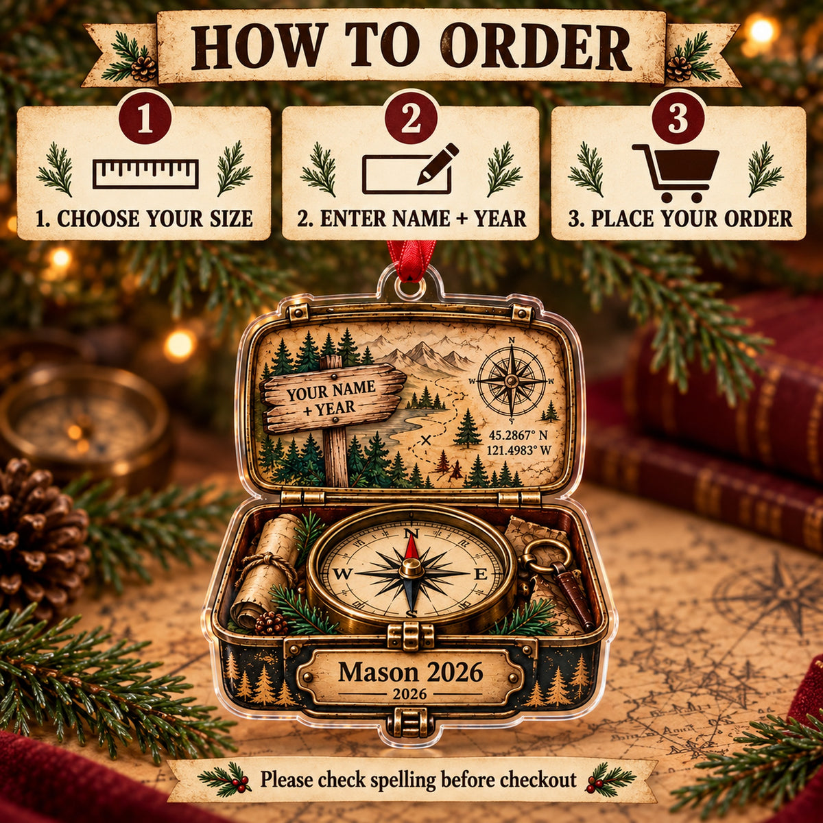 Personalized Trail Sign Compass Box Acrylic Ornament — Product details