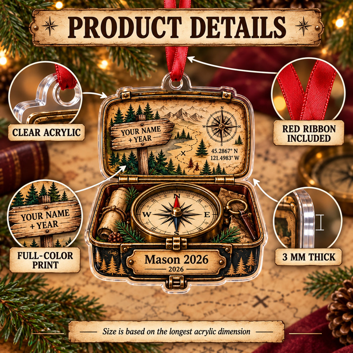 Personalized Trail Sign Compass Box Acrylic Ornament — How to order