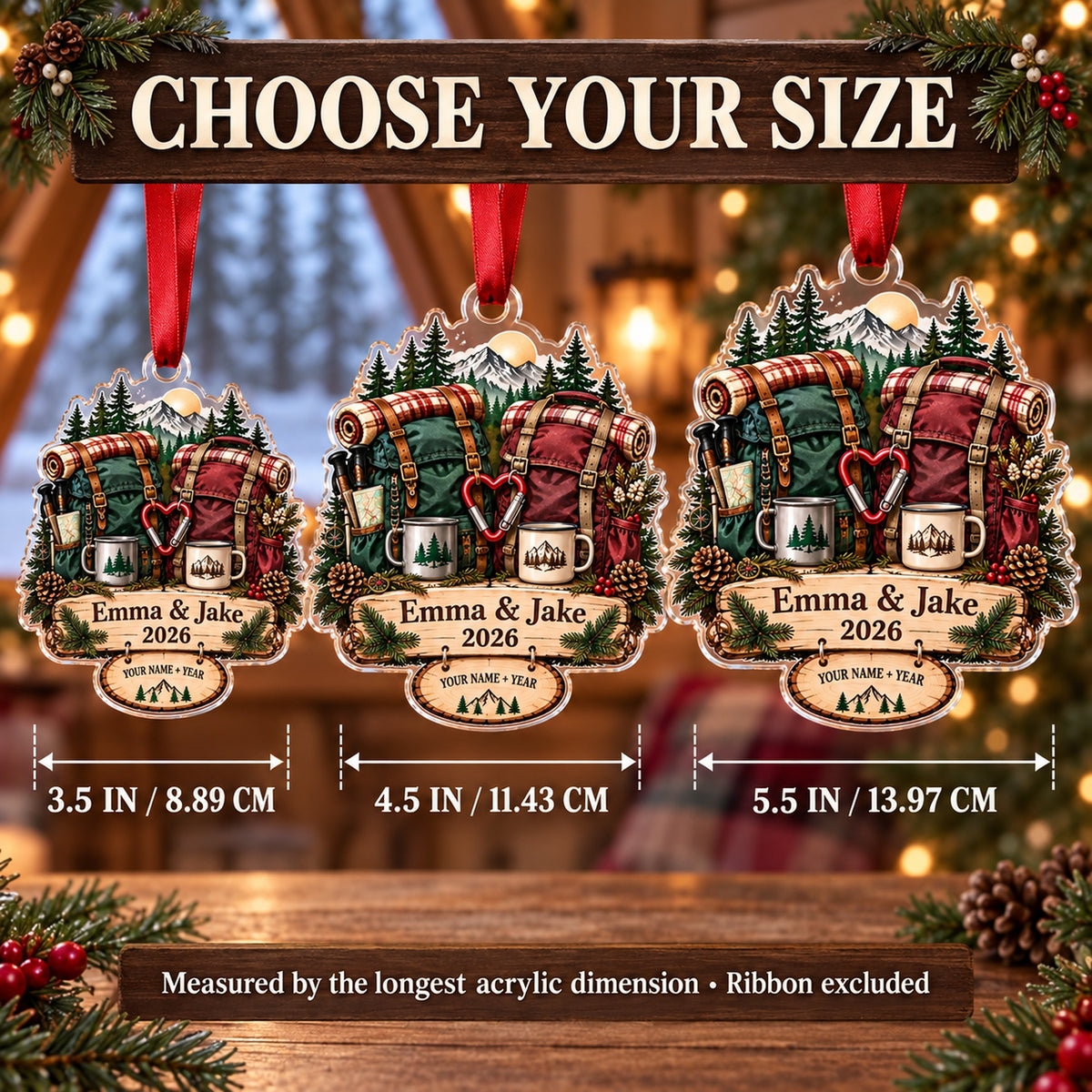 Personalized Hiking Couple Double Pack Acrylic Ornament — Personalization example