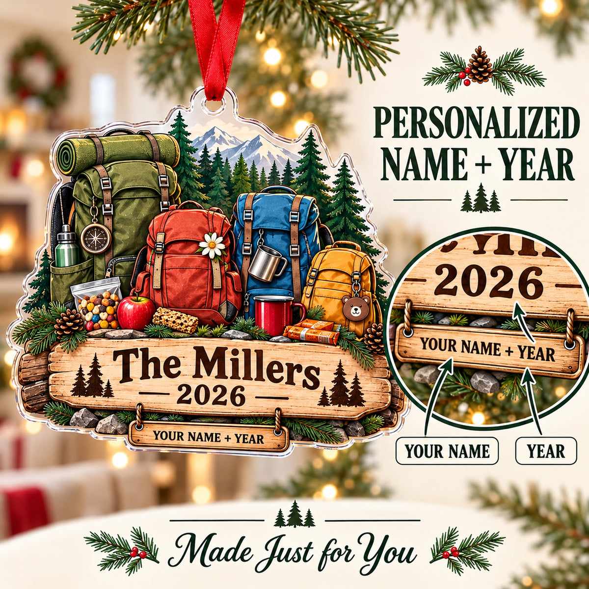 Personalized Family Trail Daypack Acrylic Ornament — Personalization guide