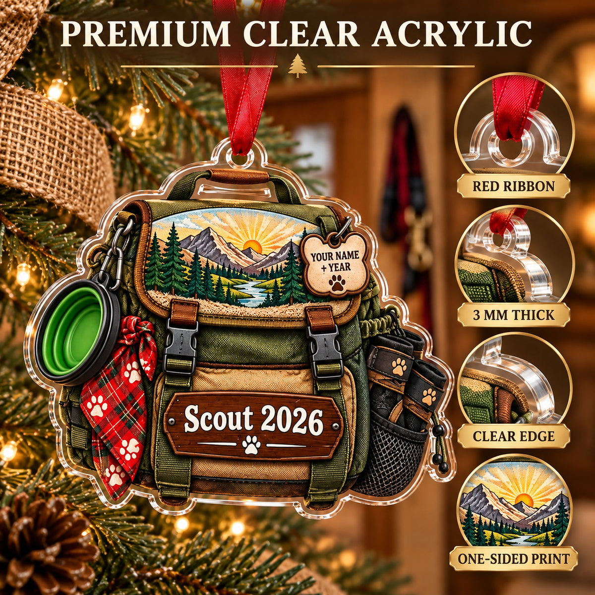 Personalized Hiking Dog Trail Pack Acrylic Ornament — Flat acrylic material