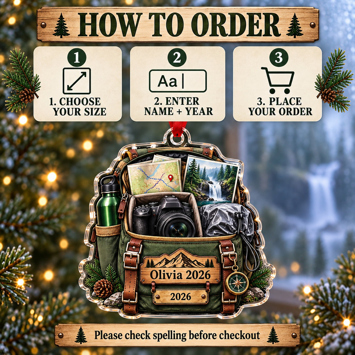 Personalized Waterfall Hike Camera Bag Acrylic Ornament — Product details