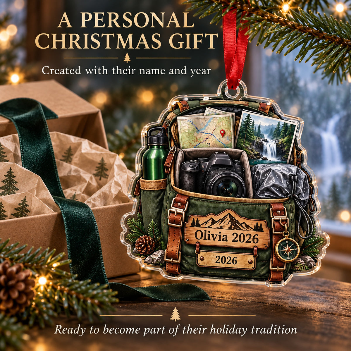 Personalized Waterfall Hike Camera Bag Acrylic Ornament — Gift inspiration