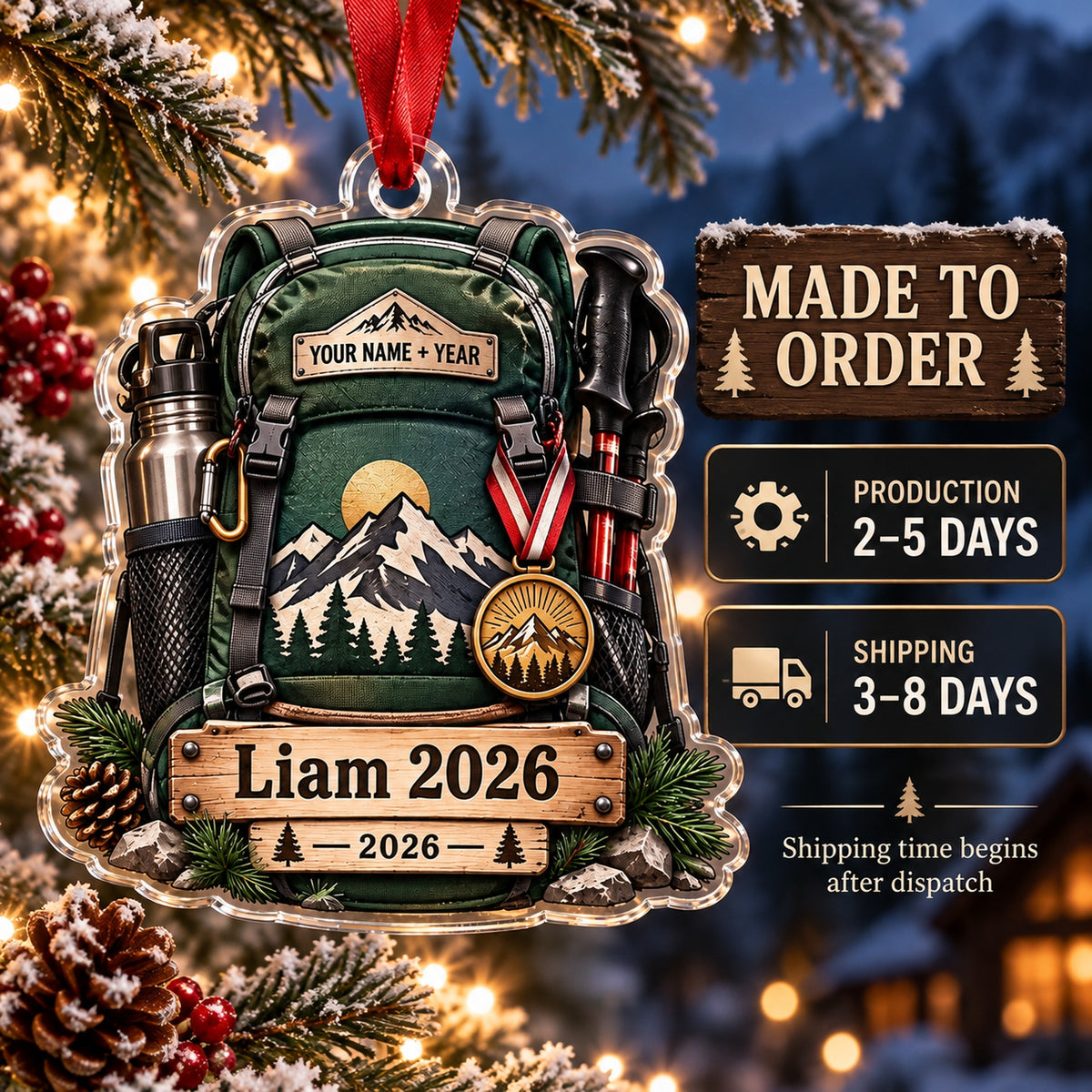 Personalized First Summit Medal Pack Acrylic Ornament — Production and delivery