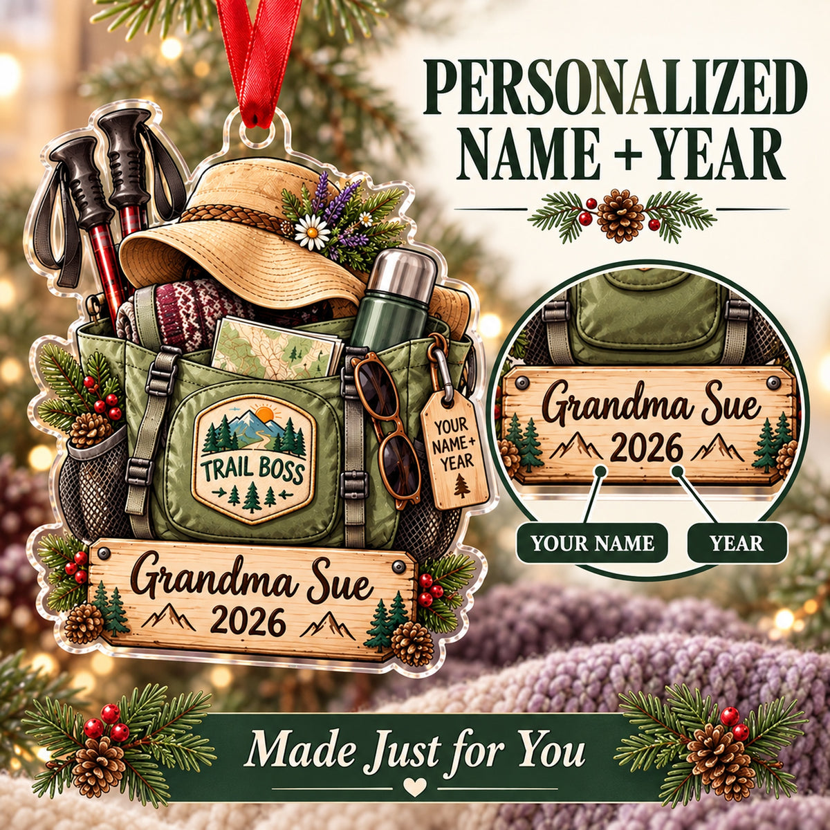 Personalized Grandma Trail Boss Tote Acrylic Ornament — Personalization guide