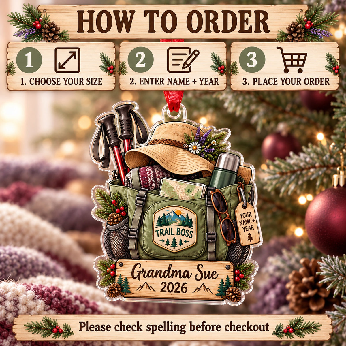 Personalized Grandma Trail Boss Tote Acrylic Ornament — Product details