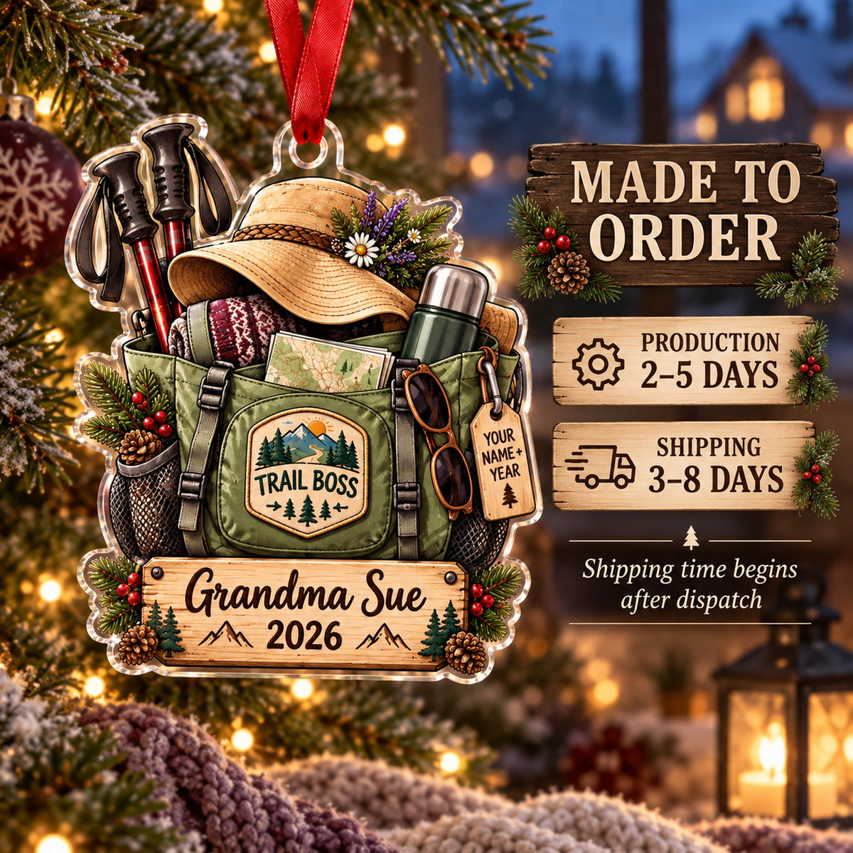Personalized Grandma Trail Boss Tote Acrylic Ornament — Production and delivery