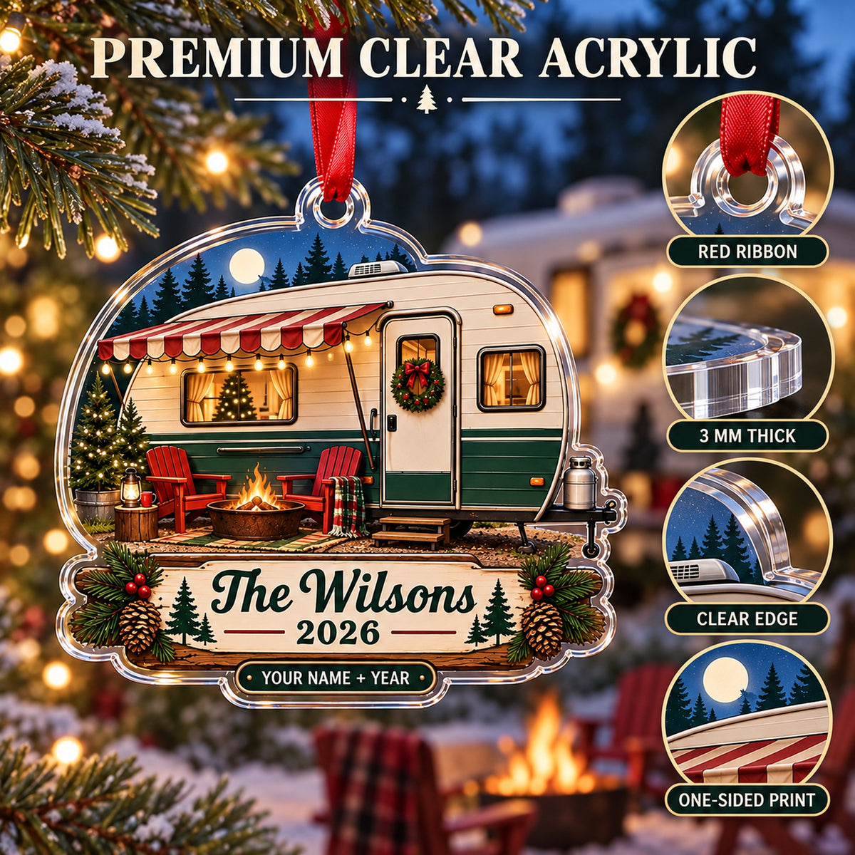 Personalized Vintage Travel Trailer Acrylic Ornament — Flat acrylic material