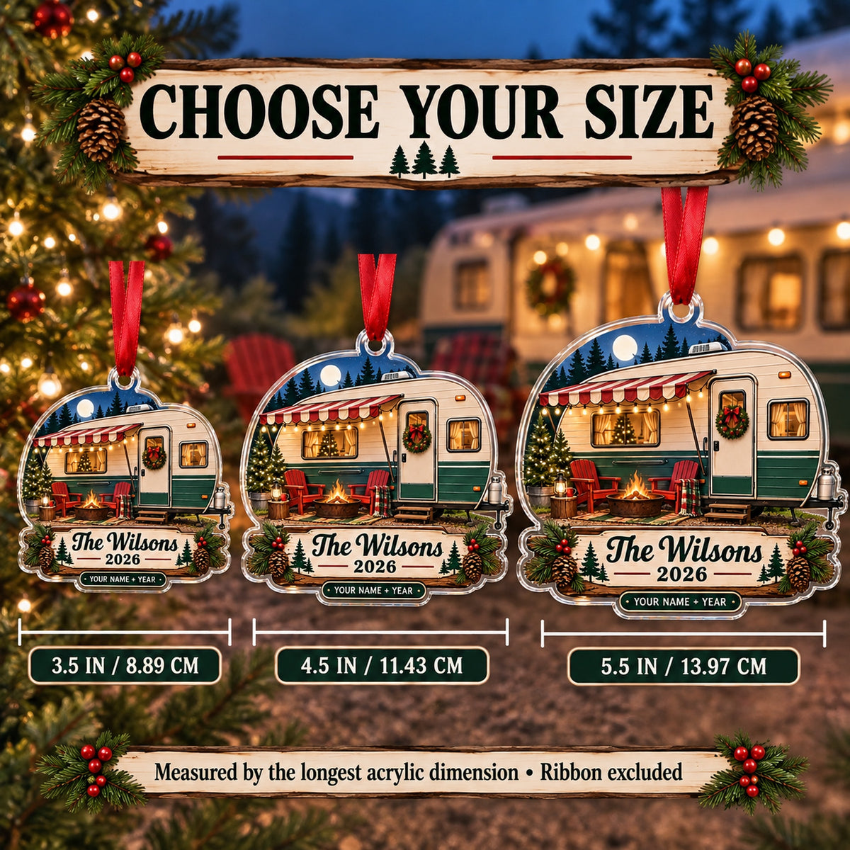 Personalized Vintage Travel Trailer Acrylic Ornament — Personalization example