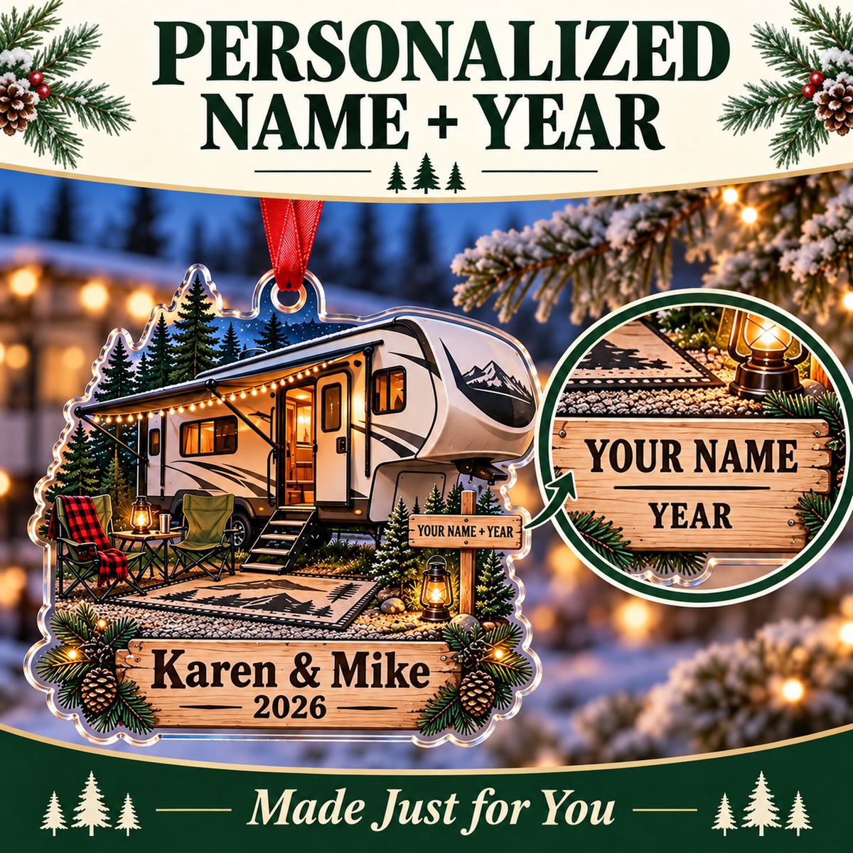 Personalized Fifth Wheel Camper Acrylic Ornament — Personalization guide