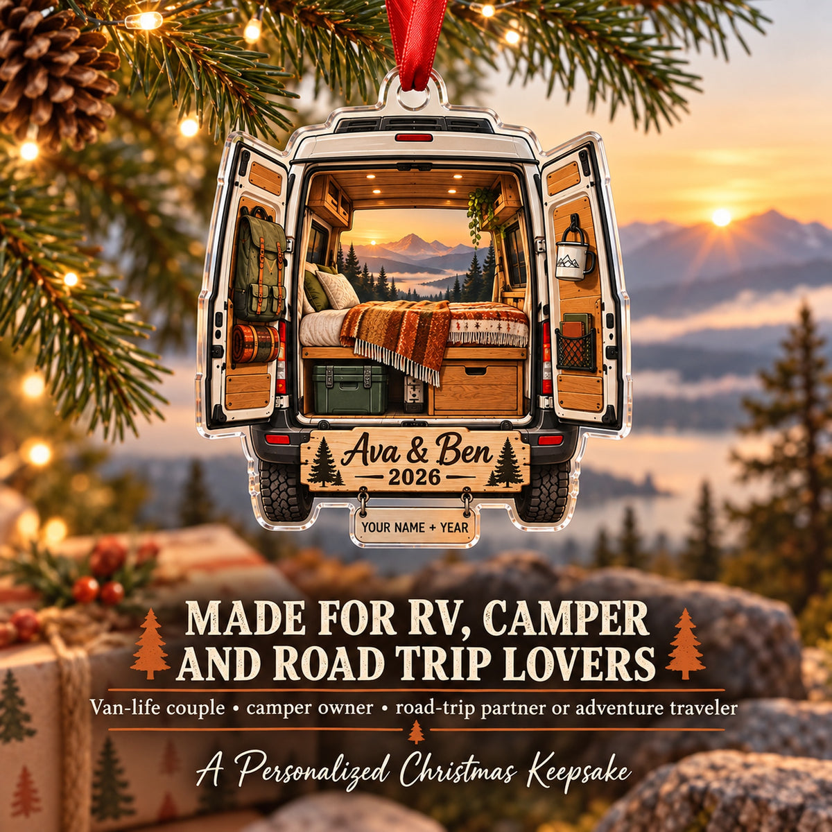 Personalized Camper Van Adventure Acrylic Ornament — Size guide