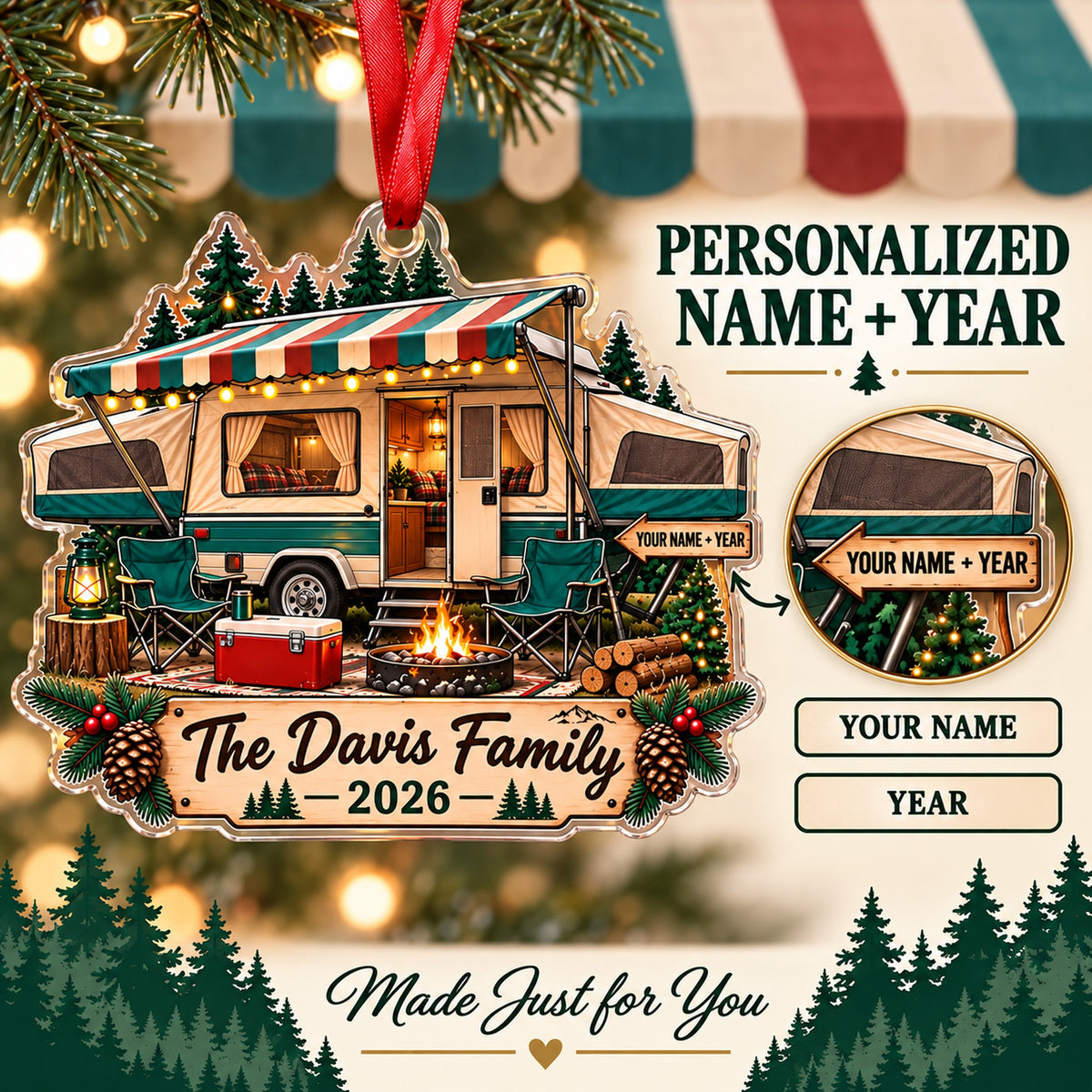 Personalized Pop Up Camper Weekend Acrylic Ornament — Personalization guide