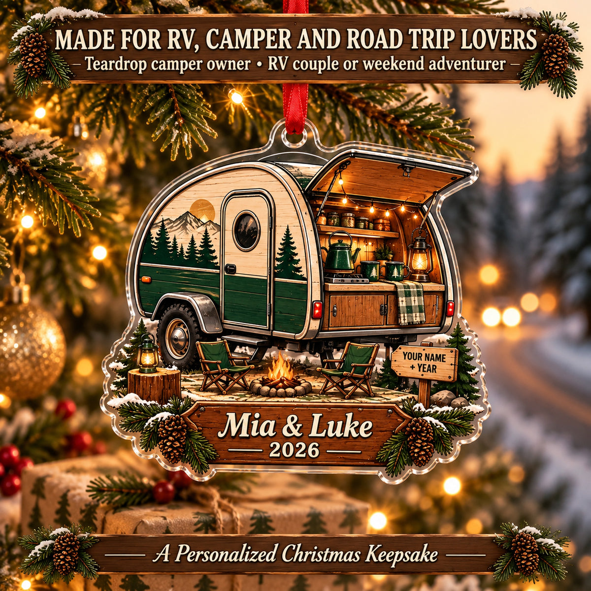 Personalized Teardrop Trailer Escape Acrylic Ornament — Size guide