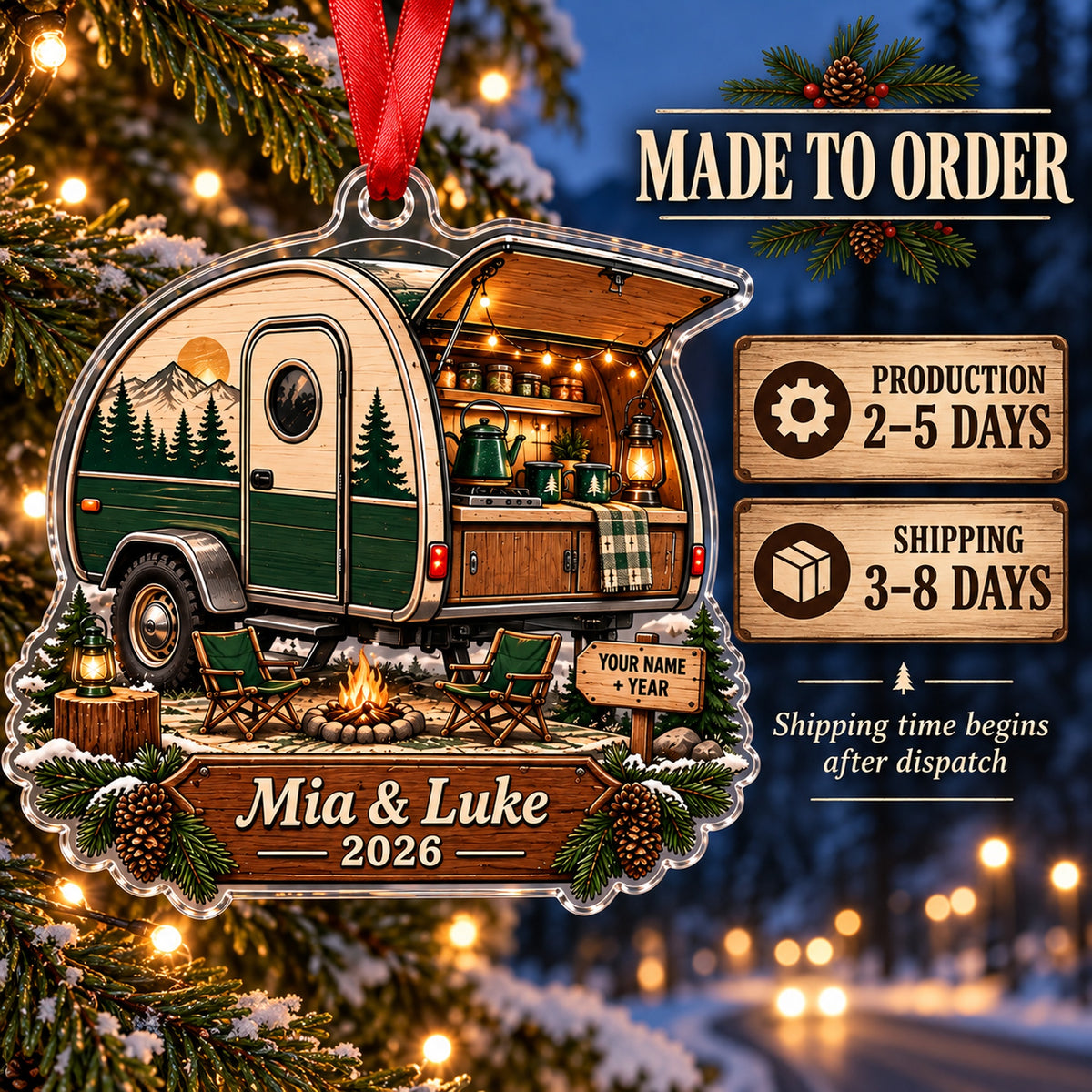 Personalized Teardrop Trailer Escape Acrylic Ornament — Production and delivery