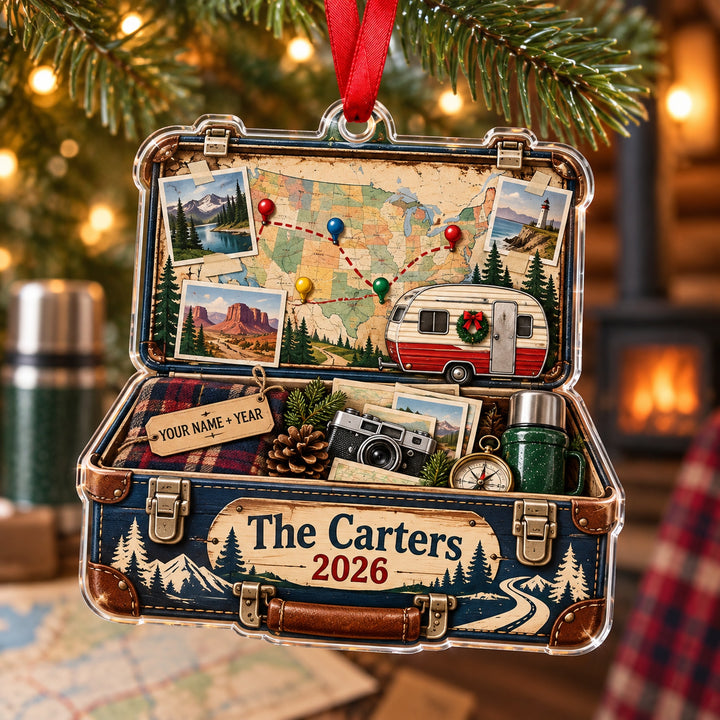 Personalized USA Road Trip Suitcase Acrylic Ornament — Main design