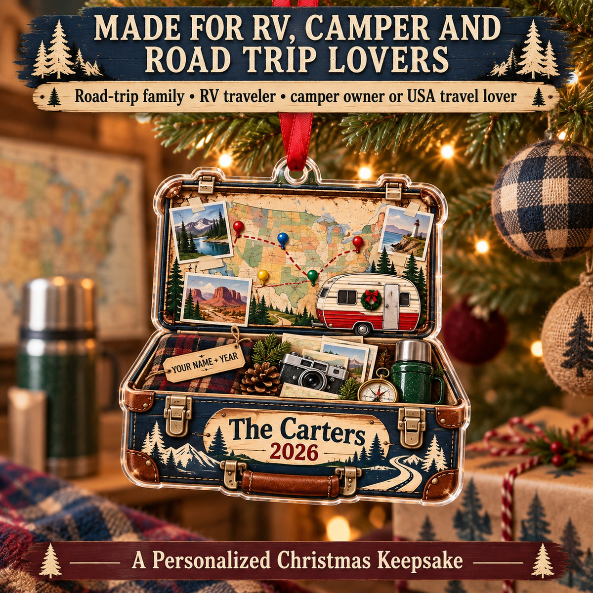 Personalized USA Road Trip Suitcase Acrylic Ornament — Size guide