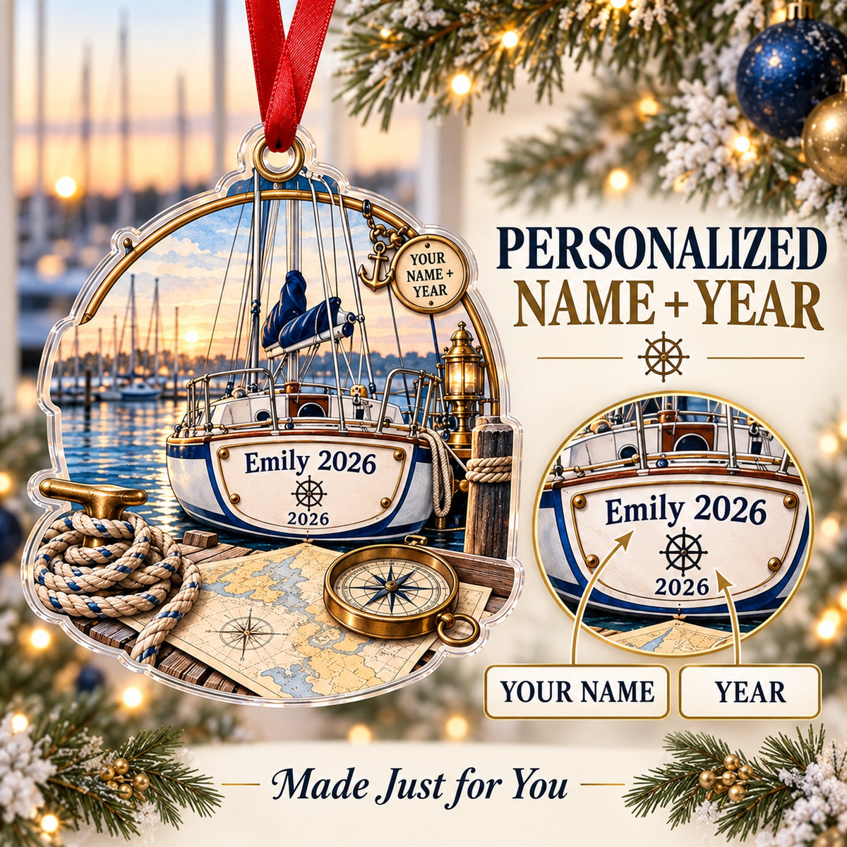 Personalized Sailboat Adventure Acrylic Ornament — Personalization guide