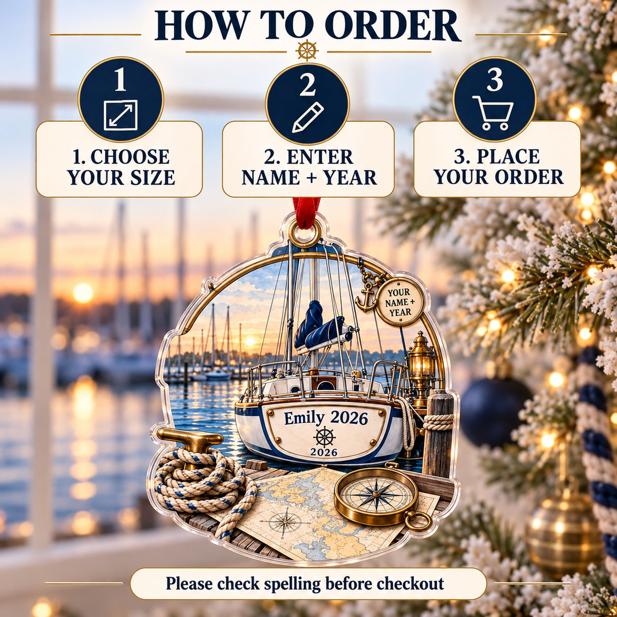 Personalized Sailboat Adventure Acrylic Ornament — Product details