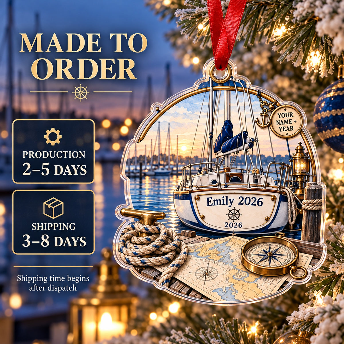 Personalized Sailboat Adventure Acrylic Ornament — Production and delivery