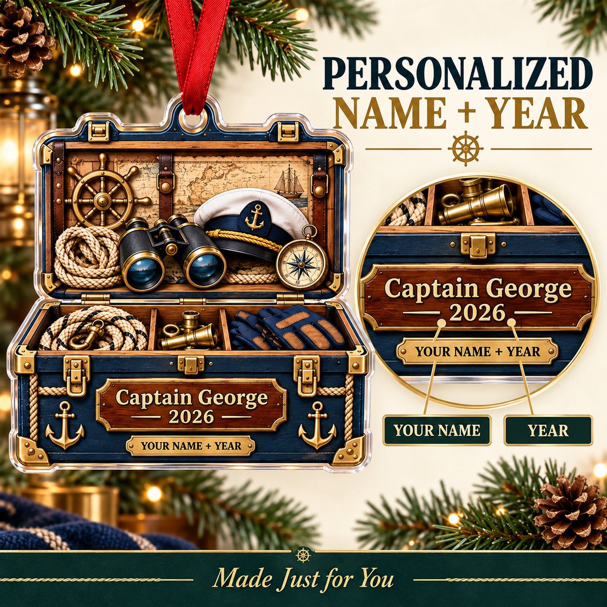Personalized Captains Gear Chest Acrylic Ornament — Personalization guide