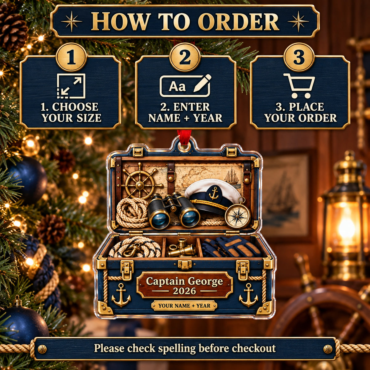 Personalized Captains Gear Chest Acrylic Ornament — Product details