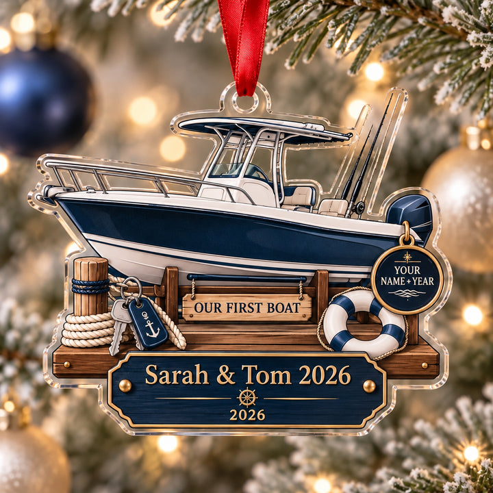 Personalized Our First Boat Acrylic Ornament — Main design