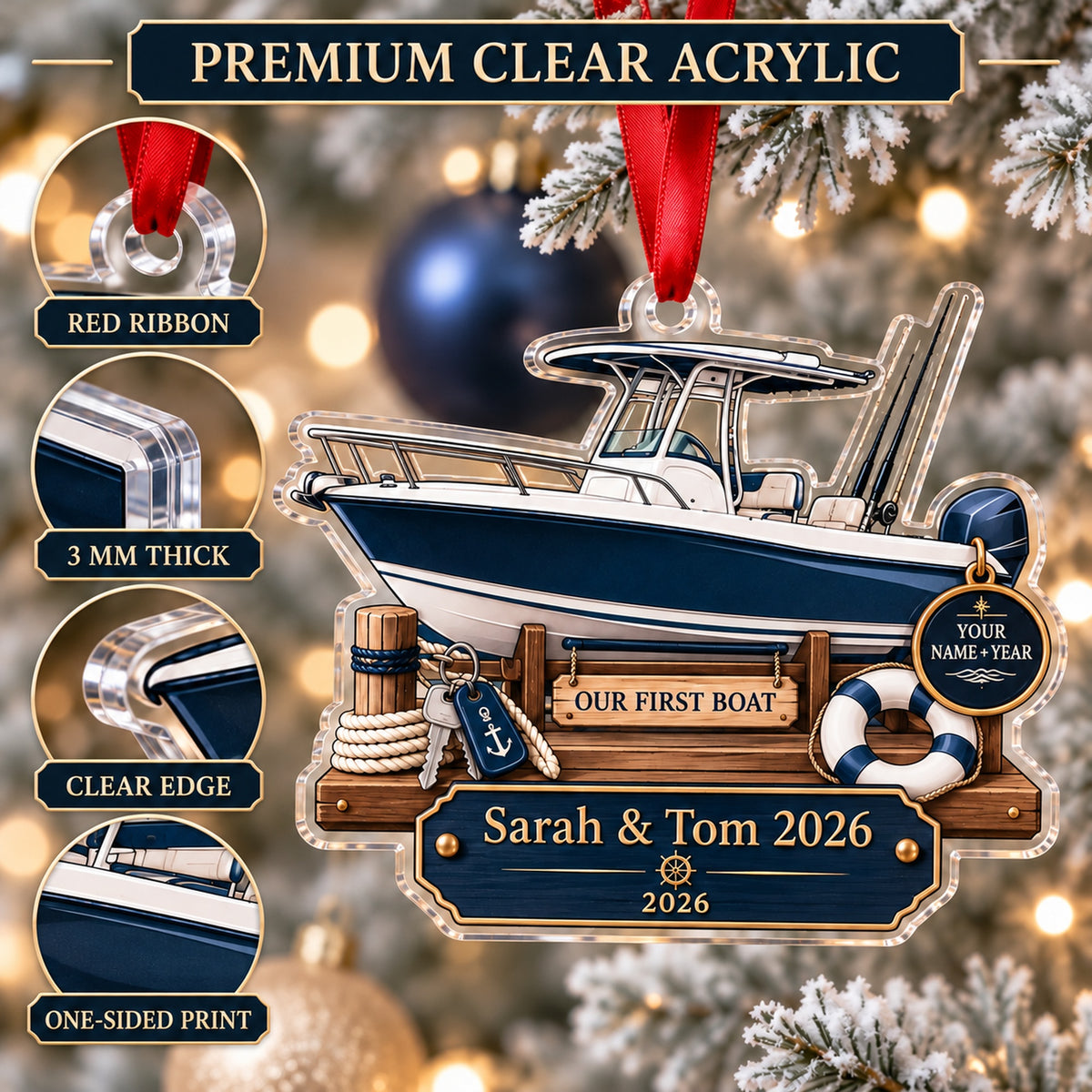 Personalized Our First Boat Acrylic Ornament — Flat acrylic material