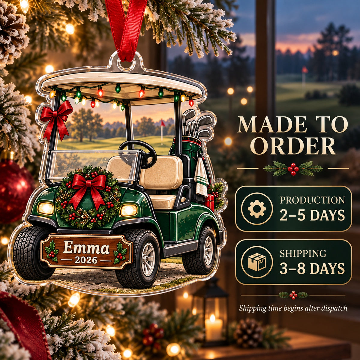 Personalized Christmas Golf Cart Acrylic Ornament — Production and delivery