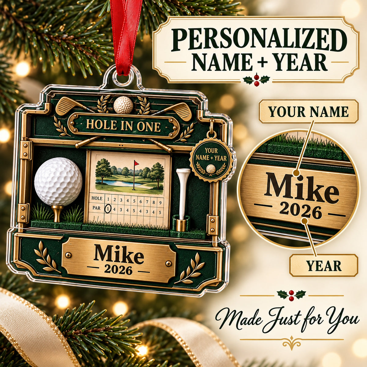 Personalized Hole in One Display Case Acrylic Ornament — Personalization guide